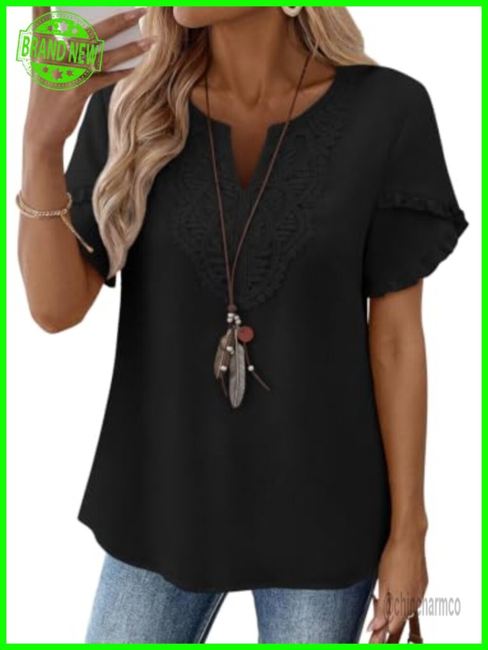 Womens Boho Lace V Neck Ruffle Sleeve Blouse Summer Top